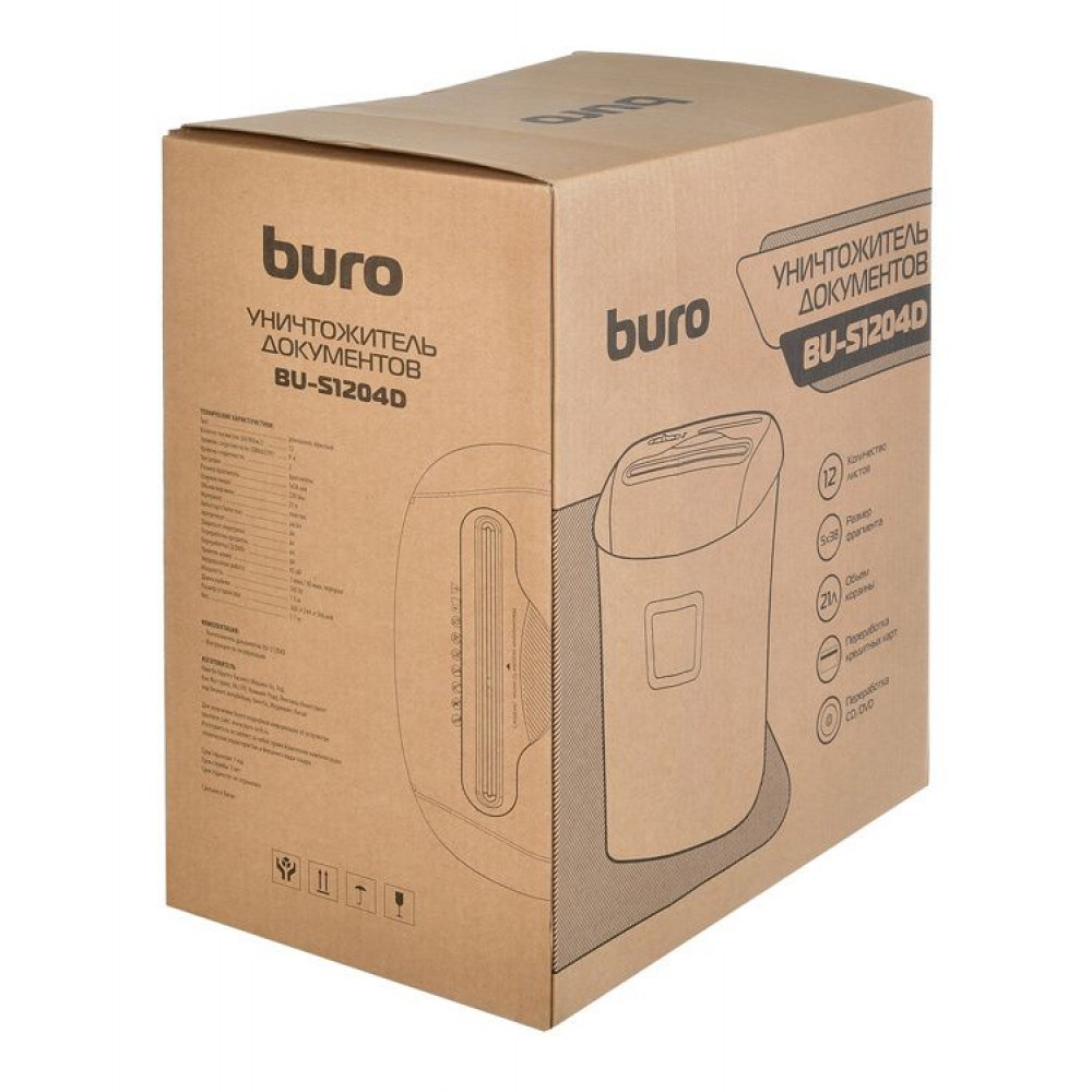 Уничтожитель бумаги Buro Шредер Office BU-S1204D (секр.P-4)/фрагменты/12лист./21лтр./пл.карты/CD
