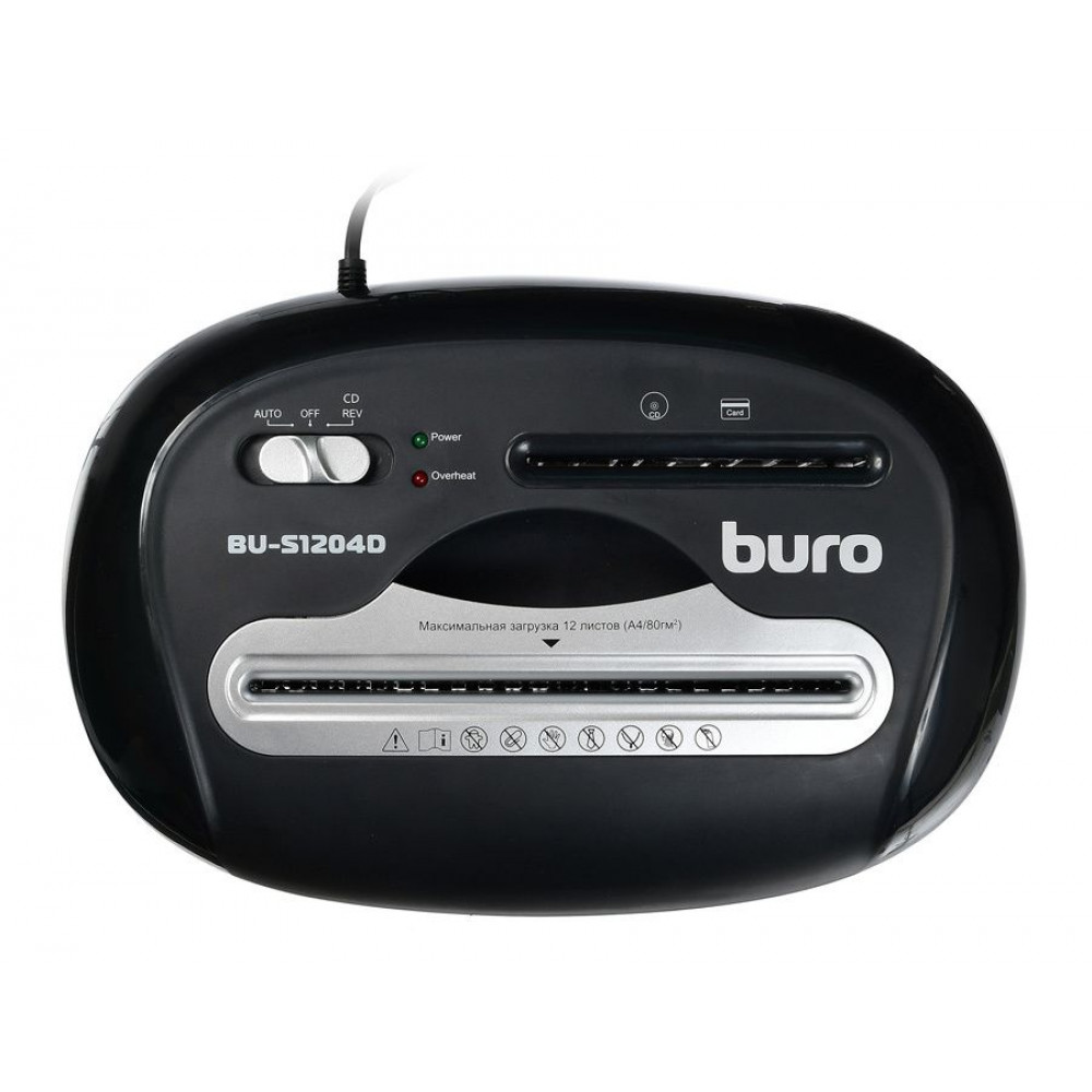 Уничтожитель бумаги Buro Шредер Office BU-S1204D (секр.P-4)/фрагменты/12лист./21лтр./пл.карты/CD
