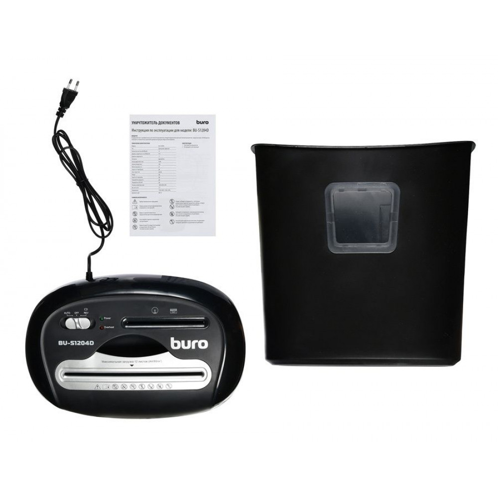 Уничтожитель бумаги Buro Шредер Office BU-S1204D (секр.P-4)/фрагменты/12лист./21лтр./пл.карты/CD

