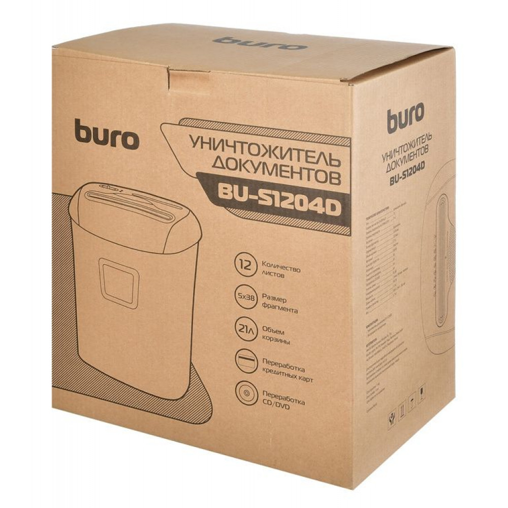 Уничтожитель бумаги Buro Шредер Office BU-S1204D (секр.P-4)/фрагменты/12лист./21лтр./пл.карты/CD
