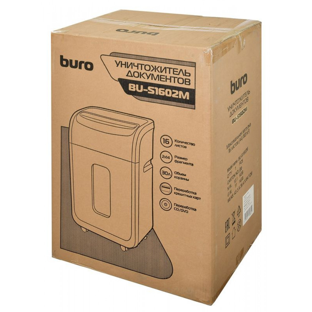 Уничтожитель бумаги Buro Шредер Office BU-S1602M (секр.P-5)/фрагменты/16лист./30лтр./пл.карты/CD
