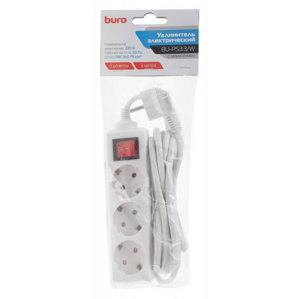 Сетевой фильтр Buro Сетевой удлинитель BU-PS3.3/W 3м (3 розетки) белый (пакет ПЭ)