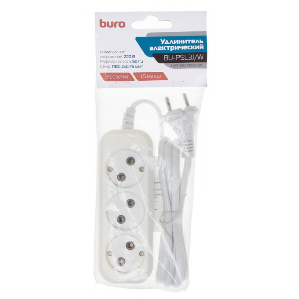 Сетевой фильтр Buro Сетевой удлинитель BU-PSL3.1/W 1.5м (3 розетки) белый (пакет ПЭ)