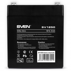 Батарея SVEN SV 1250 (12V 5Ah), напряжение 12В, емкость 5Ач, макс. ток разряда 80А, макс. ток заряда 1.5А, свинцово-кислотная типа AGM, тип клемм F1 Sven SV-0222005