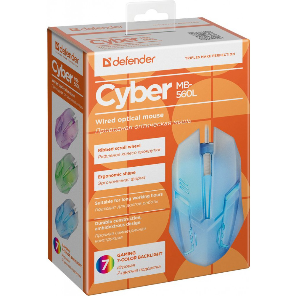 Defender Проводная оптическая мышь Сyber MB-560L 7цветов,3кнопки,1200dpi,белый Defender Сyber MB-560L белый