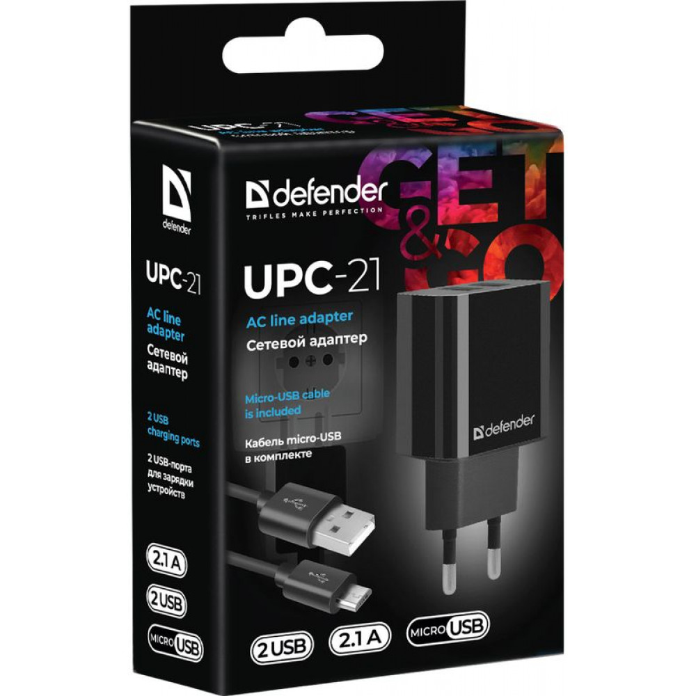 Defender Сетевой адаптер UPC-21 2xUSB, 5V/2.1A с кабелем microUSB (модель 83581)
