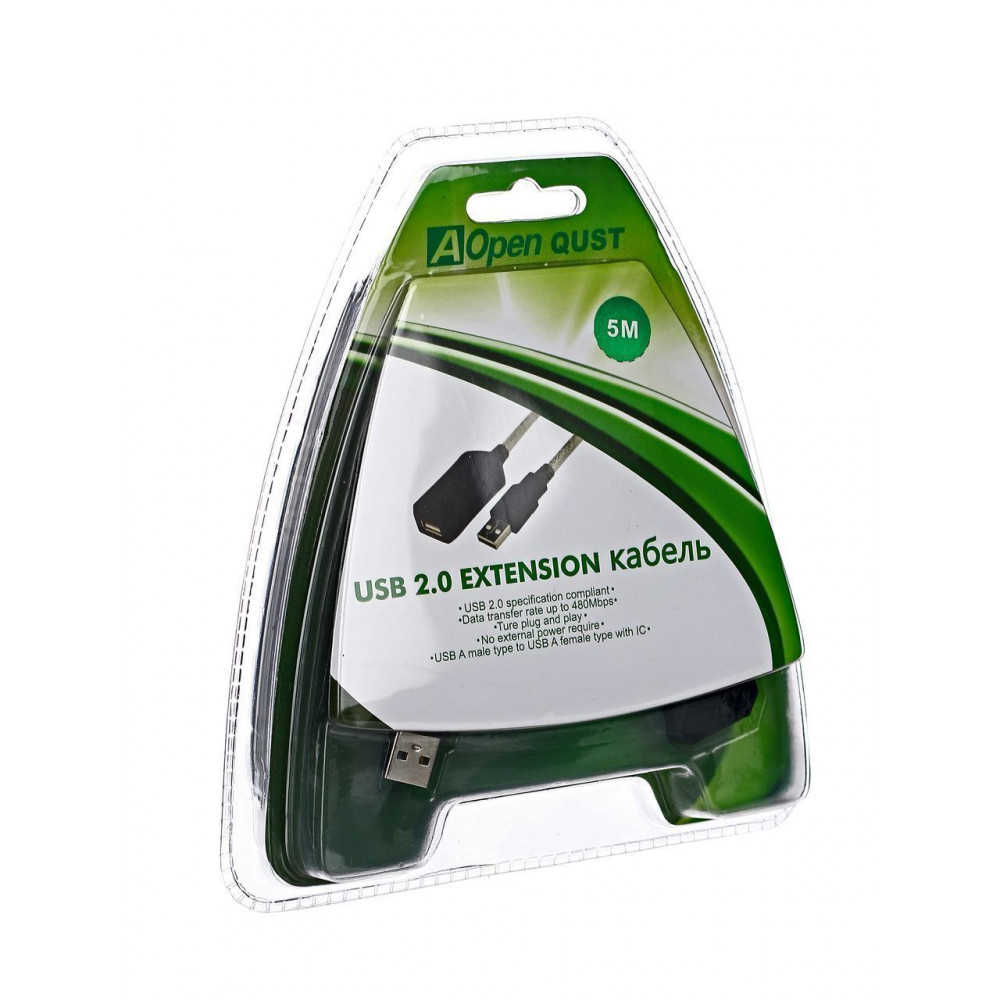 Кабель-адаптер активный удлинительный USB 2.0 Type-AM to Type-AF 5м AopenQust ACU823-5M

