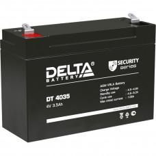 Батарея DELTA серия DT, DT 4035, напряжение 4В, емкость 3.5Ач (разряд 20 часов),  макс. ток разряда (5 сек.) 52.5А, макс. ток заряда 1.05А, свинцово-кислотная типа AGM, клеммы F1, ДxШxВ 90х34х60мм., вес 0.46кг., срок службы 5 лет. Delta DT 4035 (4V  3.5Ah