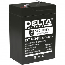 Батарея DELTA серия DT, DT 6045, напряжение 6В, емкость 4.5Ач (разряд 20 часов),  макс. ток разряда (5 сек.) 70А, макс. ток заряда 1.35А, свинцово-кислотная типа AGM, клеммы F1, ДxШxВ 70х47х100мм., вес 0.75кг., срок службы 5 лет. Delta DT 6045 (6V  4.5Ah)