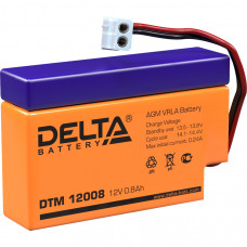 Батарея DELTA серия DTM, DTM 12008, напряжение 12В, емкость 0.8Ач (разряд 20 часов),  макс. ток разряда (5 сек.) 12А, макс. ток заряда 0.24А, свинцово-кислотная типа AGM, провод с гнездом AMP Т9, ДxШxВ 96х25х62мм., вес 0.4кг., срок службы 6 лет. Delta DTM