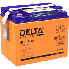 Батарея DELTA серия GEL, GEL 12-33, напряжение 12В, емкость 33Ач (разряд 20 часов),  макс. ток разряда (5 сек.) 330А, макс. ток заряда 6.6А, свинцово-кислотная типа AGM+GEL, клеммы под болт М6, ДxШxВ 195х132х168мм., вес 10.6кг., LCD, срок службы 10-12 лет