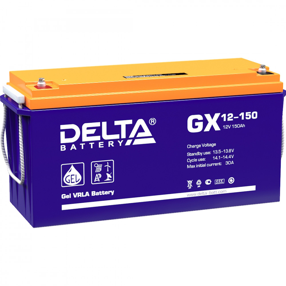 Батарея DELTA серия GX, GX 12-150, напряжение 12В, емкость 150Ач (разряд 10 часов),  макс. ток разряда (5 сек.) 1000А, макс. ток заряда 30А, свинцово-кислотная типа GEL, клеммы под болт М8, ДxШxВ 482х170х240мм., вес 47кг., срок службы 15 лет. Delta GX 12-