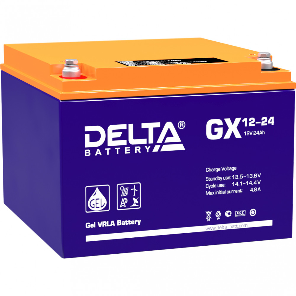 Батарея DELTA серия GX, GX 12-24, напряжение 12В, емкость 24Ач (разряд 20 часов),  макс. ток разряда (5 сек.) 300А, макс. ток заряда 4.76А, свинцово-кислотная типа GEL, клеммы под болт М5, ДxШxВ 166х175х125мм., вес 8.3кг., срок службы 15 лет. Delta GX 12-