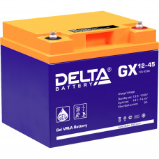 Батарея DELTA серия GX, GX 12-45, напряжение 12В, емкость 45Ач (разряд 20 часов),  макс. ток разряда (5 сек.) 450А, макс. ток заряда 8.9А, свинцово-кислотная типа GEL, клеммы под болт М6, ДxШxВ 197х165х170мм., вес 14.6кг., срок службы 15 лет. Delta GX 12-