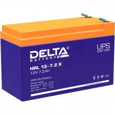 Батарея DELTA серия HRL-X, HRL 12-7,2 X, напряжение 12В, емкость 7.2Ач (разряд 10 часов),  макс. ток разряда (5 сек.) 108А, макс. ток заряда 2.16А, свинцово-кислотная типа AGM, клеммы F2, ДxШxВ 151х65х94мм., вес 2.6кг., срок службы 12 лет. Delta UPS HRL 1