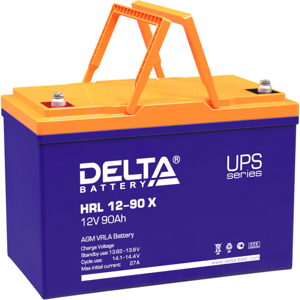 Батарея DELTA серия HRL-X, HRL 12-90 X, напряжение 12В, емкость 90Ач (разряд 10 часов),  макс. ток разряда (5 сек.) 800А, макс. ток заряда 27А, свинцово-кислотная типа AGM, клеммы под болт М6, ДxШxВ 306х169х210мм., вес 27.8кг., срок службы 12 лет. Delta H