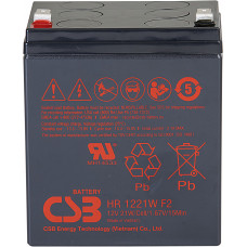 Батарея CSB серия HR, HR1221W F2, напряжение 12В, емкость 5Ач (разряд 20 часов), 21 ВтЭл при 15-мин. разряде до U кон. - 1.67 ВЭл при 25 С, макс. ток разряда (5 сек.) 90А, ток короткого замыкания 249А, макс. ток заряда 2.1A, свинцово-кислотная типа AGM, C