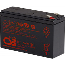 Батарея CSB серия HR, HR1224W F2 F1, напряжение 12В, емкость 6Ач (разряд 20 часов), 24 ВтЭл при 15-мин. разряде до U кон. - 1.67 ВЭл при 25 С, макс. ток разряда (5 сек.) 130А, ток короткого замыкания 260А, макс. ток заряда 2.4A, свинцово-кислотная типа CS
