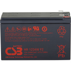 Батарея CSB серия HR, HR1234W F2, напряжение 12В, емкость 8.5Ач (разряд 20 часов), 34 ВтЭл при 15-мин. разряде до U кон. - 1.67 ВЭл при 25 С, макс. ток разряда (5 сек.) 130А, ток короткого замыкания 349А, макс. ток заряда 3.4A, свинцово-кислотная типа A C