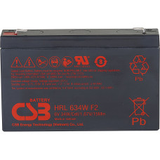 Батарея CSB серия HRL, HRL634W F2 FR, напряжение 6В, емкость 8.5Ач (разряд 20 часов), 34 ВтЭл при 15-мин. разряде до U кон. - 1.67 ВЭл при 25 С, макс. ток разряда (5 сек.) 130А, ток короткого замыкания 380А, макс. ток заряда 3.4A, свинцово-кислотная тип C