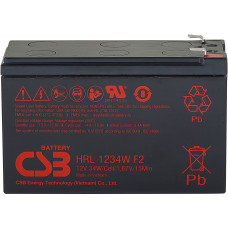 Батарея CSB серия HRL, HRL1234W F2 FR, напряжение 12В, емкость 8.5Ач (разряд 20 часов), 34 ВтЭл при 15-мин. разряде до U кон. - 1.67 ВЭл при 25 С, макс. ток разряда (5 сек.) 130А, ток короткого замыкания 367А, макс. ток заряда 3.4A, свинцово-кислотная т C