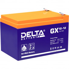 Батарея DELTA серия GX, GX 12-12, напряжение 12В, емкость 12Ач (разряд 20 часов),  макс. ток разряда (5 сек.) 180А, макс. ток заряда 2.3А, свинцово-кислотная типа GEL, клеммы F2, ДxШxВ 151х98х95мм., вес 3.67кг., срок службы 15 лет. Delta GX 12-12 (12V  12