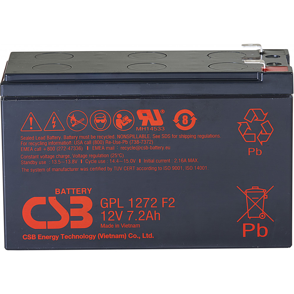 Батарея CSB серия GP, GPL1272 F2 FR, напряжение 12В, емкость 7.2Ач (разряд 20 часов), макс. ток разряда (5 сек.) 130А, ток короткого замыкания 265А, макс. ток заряда 2.16A, свинцово-кислотная типа AGM, клеммы F2, ДxШxВ 150.9x64.8x98.6мм., вес 2.6кг., срок