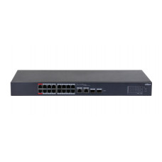 16-портовый PoE коммутатор с функцией облачного управления, Порты 16 RJ45 10100Мбитс (PoEPoE+Hi-PoE) 2 комбинированных SFPRJ45 101001000Мбитс (uplink) мощность PoE порты 12 до 90Вт порты 316 до 30Вт суммарно до 190Вт PoE watchdog передача до 25 Dahua DH-C