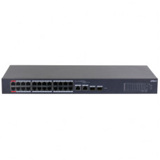 24-портовый PoE коммутатор с функцией облачного управления, Порты 24 RJ45 10100Мбитс (PoEPoE+Hi-PoE) 2 комбинированных SFPRJ45 101001000Мбитс (uplink) мощность PoE порты 12 до 90Вт порты 324 до 30Вт суммарно до 240Вт PoE watchdog передача до 25 Dahua DH-C