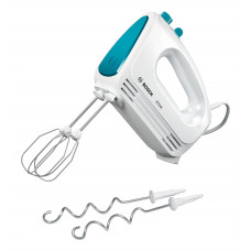 Миксер Bosch MFQ2210D, 375 Вт, белый/ голубой, 4 скорости+ импульс.режим, 2 крюка+ 2 венчика