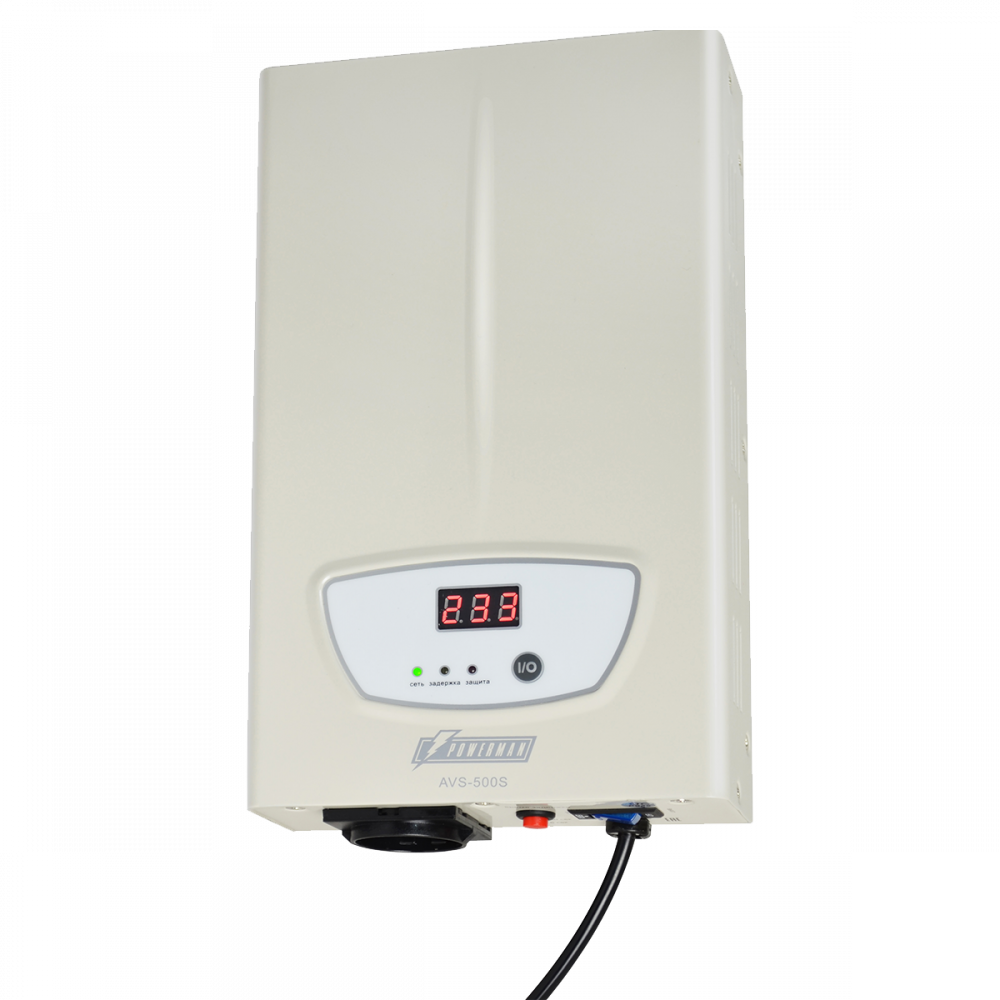 Стабилизатор POWERMAN AVS 500S, ступенчатый регулятор, цифровые индикаторы уровней напряжения, 500ВА, 140-260В, максимальный входной ток 5А, 1 евророзетка, IP-20, навесного исполнения, 290мм х 175мм х 68мм, 2,42 кг. POWERMAN AVS 500S