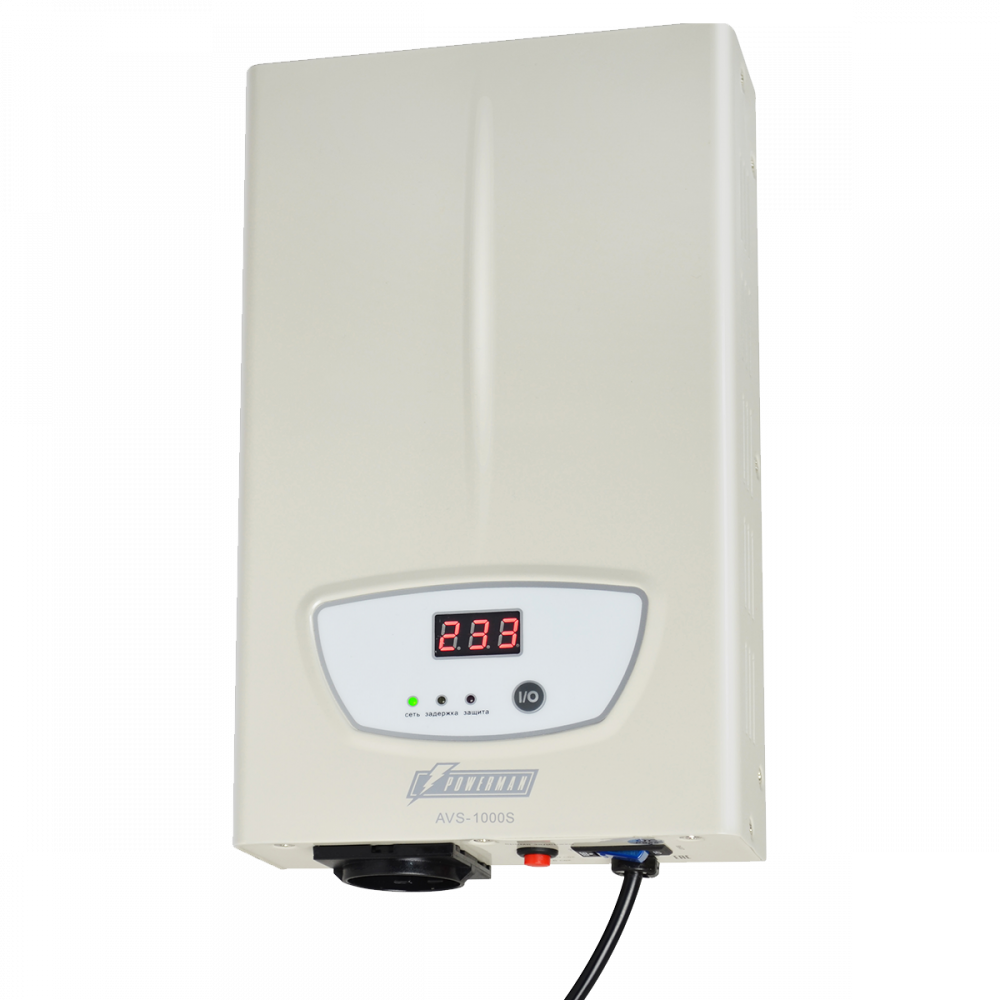 Стабилизатор POWERMAN AVS 1000S, ступенчатый регулятор, цифровые индикаторы уровней напряжения, 1000ВА, 140-260В, максимальный входной ток 7А, 1 евророзетка, IP-20, навесного исполнения, 290мм х 175мм х 68мм, 3,09 кг. POWERMAN AVS 1000S