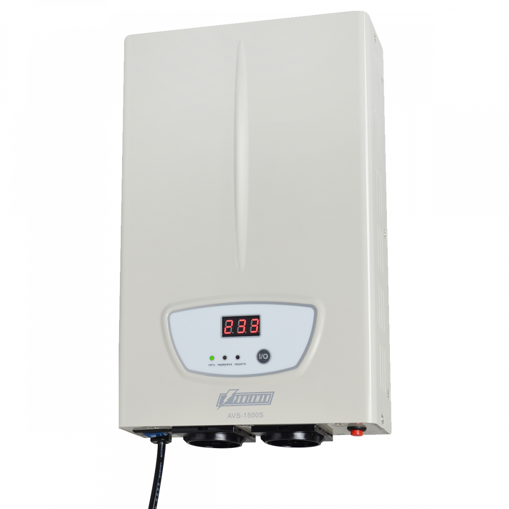 Стабилизатор POWERMAN AVS 1500S, ступенчатый регулятор, цифровые индикаторы уровней напряжения, 1500ВА, 140-260В, максимальный входной ток 12А, 2 евророзетки, IP-20, навесного исполнения, 310мм х 200мм х 68мм, 4,36 кг. POWERMAN AVS 1500S