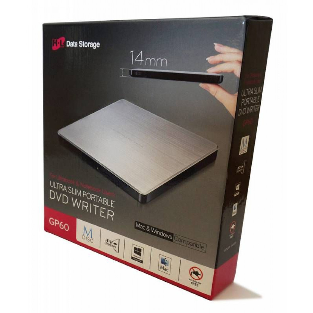 Оптический привод LG Оптич. накопитель ext. DVD RW  HLDS  GP60NS60 Silver  Slim, USB 2.0, Retail
