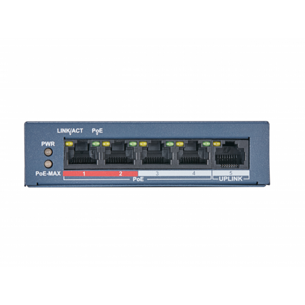 Сетевой неуправляемый коммутатор, 4 RJ45 100M PoE, 1 порт с высоким приоритетом 1 Uplink порт 100М Ethernet PoE IEEE802.3af, IEEE802.3at бюджет PoE 58Вт поддержка режима передачи до 250м,10Мбс, CAT5e DC51В, 1.25A 63Вт HiWatch Коммутатор DS-S504P(B)