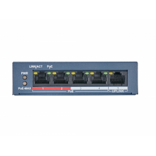 Сетевой неуправляемый коммутатор, 4 RJ45 100M PoE, 1 порт с высоким приоритетом 1 Uplink порт 100М Ethernet PoE IEEE802.3af, IEEE802.3at бюджет PoE 58Вт поддержка режима передачи до 250м,10Мбс, CAT5e DC51В, 1.25A 63Вт HiWatch Коммутатор DS-S504P(B)