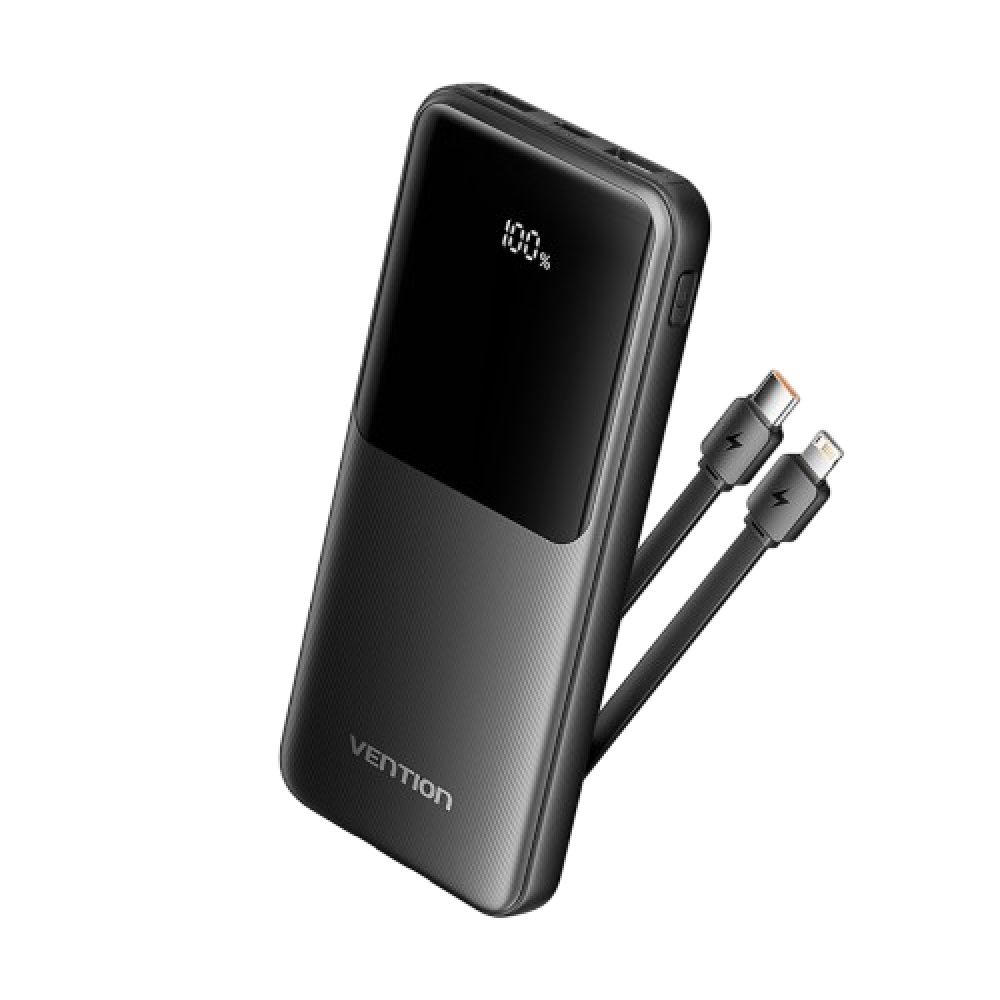 Power Bank Vention 10000mAh(Micro-USBCAA) со встроенными кабелями 22.5W Чёрный с LED Дисплеем, шт. Vention FHOB0