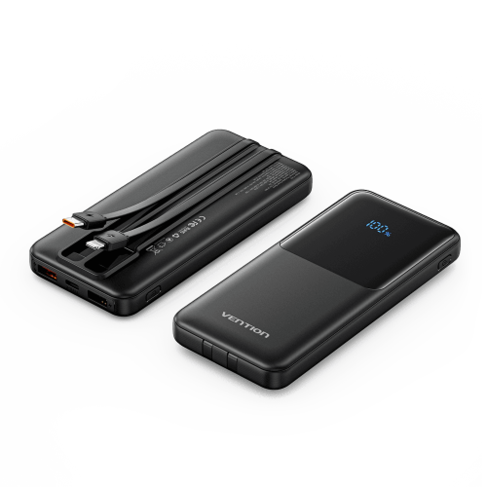 Power Bank Vention 10000mAh(Micro-USBCAA) со встроенными кабелями 22.5W Чёрный с LED Дисплеем, шт. Vention FHOB0