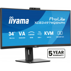 Монитор 34" Iiyama ProLite XCB3497WQSNPH-B1 VA 3440x1440, 120 Гц, 0.4 мс, 21:9, 350 кд/м², HDMI 2.0, HDMI 1.4, DP 1.4, USB-C (95 Вт), 3.5 Jack, USB Hub (4x USB 3.0), Ethernet, динамики (2x5 Вт), веб-камера (5 Мп), FreeSync Premium, изогнутый экран (1