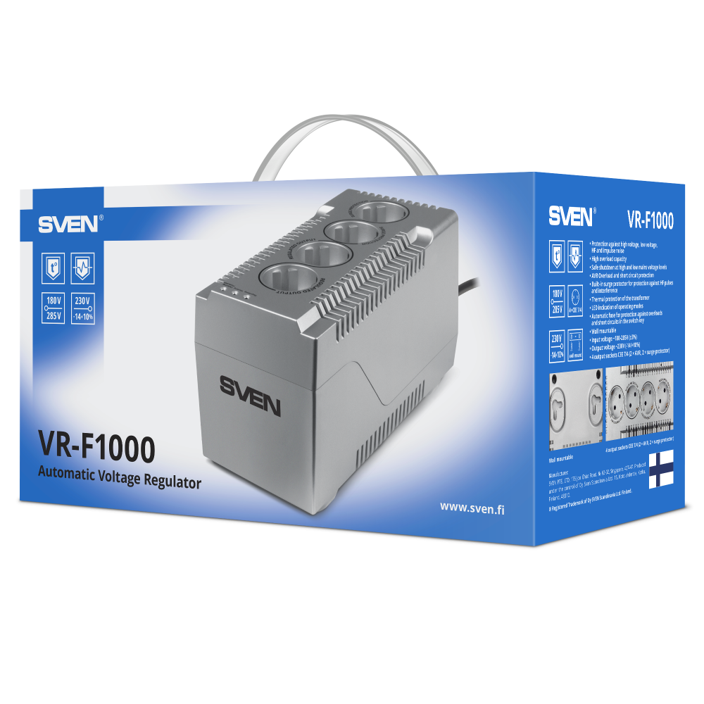Автоматический стабилизатор напряжения SVEN VR-F1000 (320Вт,Вх.185V-285В, 4 розетки CEE74(2 розетки со стабилизацией, 2 розетки сетевой фильтр), вых.230В, пластиковый корпус, серебряный цвет) Sven SV-018818