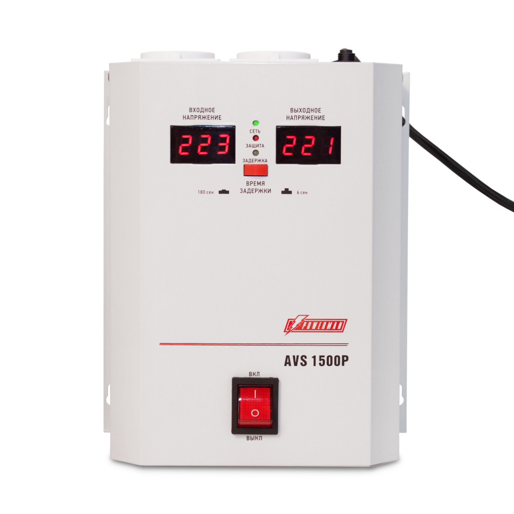 Стабилизатор POWERMAN AVS 1500P, ступенчатый регулятор, цифровые индикаторы уровней напряжения, 1500ВА, 110-260В, максимальный входной ток 12А, 2 евророзетки, IP-20, навесной, 215мм х 270мм х 110мм, 4.3 кг. POWERMAN AVS 1500P