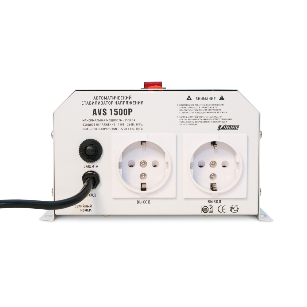 Стабилизатор POWERMAN AVS 1500P, ступенчатый регулятор, цифровые индикаторы уровней напряжения, 1500ВА, 110-260В, максимальный входной ток 12А, 2 евророзетки, IP-20, навесной, 215мм х 270мм х 110мм, 4.3 кг. POWERMAN AVS 1500P
