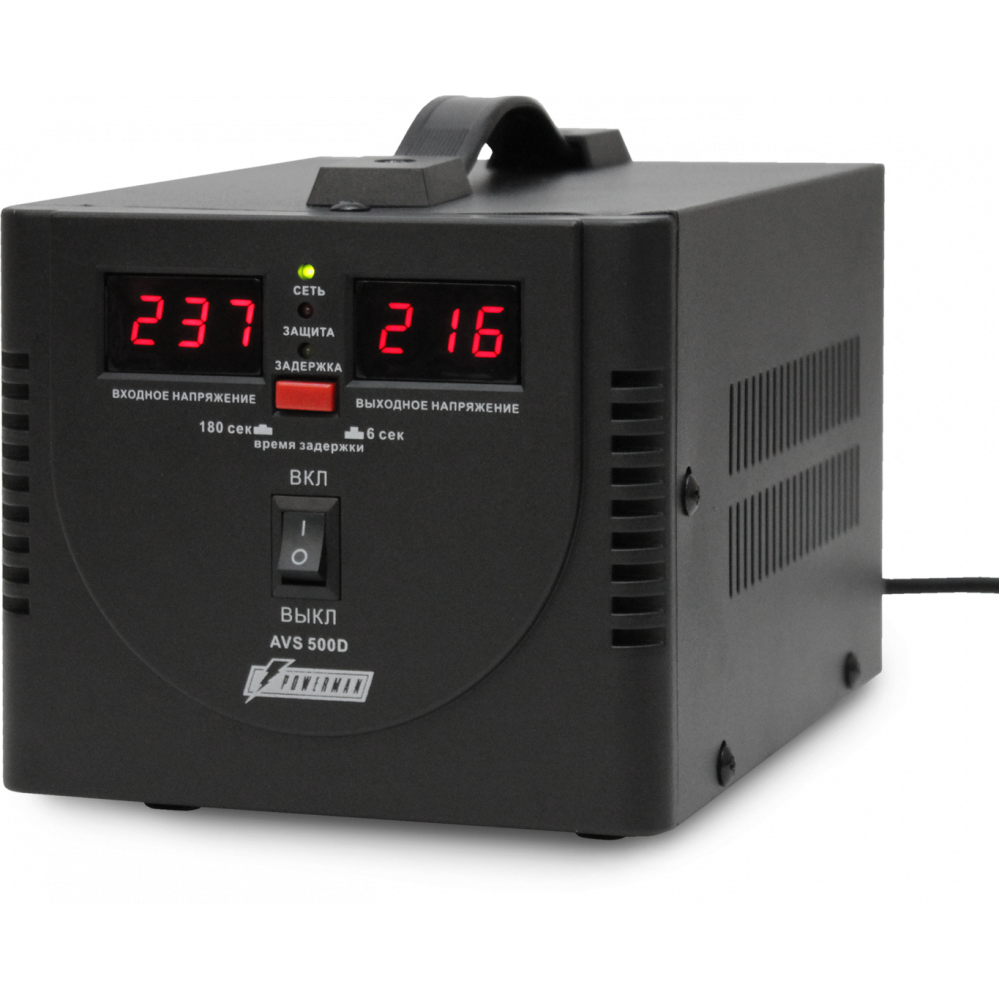 Стабилизатор POWERMAN AVS 500D, черный, ступенчатый регулятор, цифровые индикаторы уровней напряжения, 500ВА, 140-260В, максимальный входной ток 5А, 2 евророзетки, IP-20, напольный, 200мм х 150мм х 140мм, 2,3 кг. POWERMAN AVS 500D