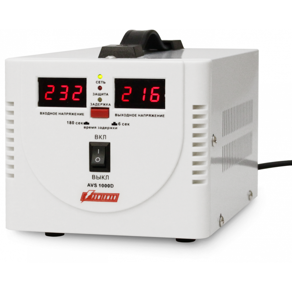 Стабилизатор POWERMAN AVS 1000D, ступенчатый регулятор, цифровые индикаторы уровней напряжения, 1000ВА, 140-260В, максимальный входной ток 7А, 2 евророзетки, IP-20, напольный, 200мм х 150мм х 140мм, 2,3 кг. POWERMAN AVS 1000D