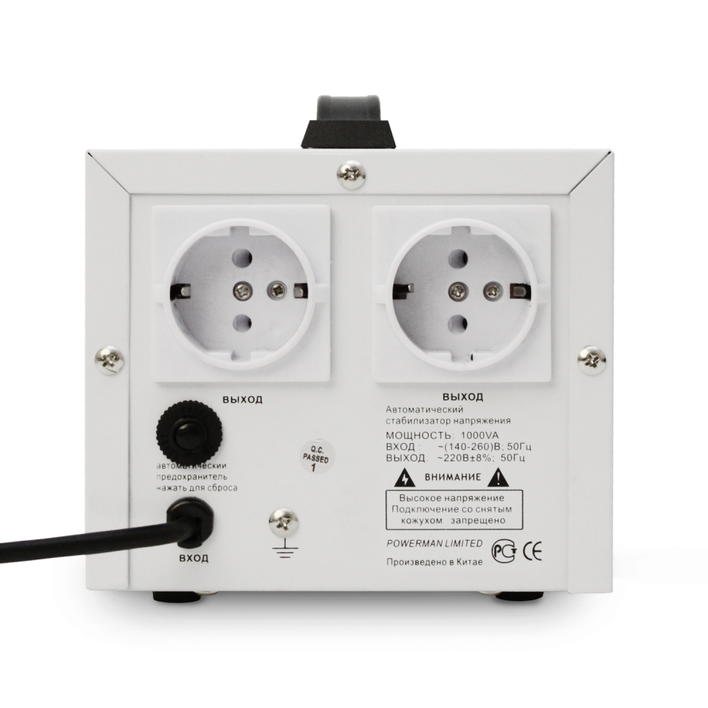 Стабилизатор POWERMAN AVS 1000D, ступенчатый регулятор, цифровые индикаторы уровней напряжения, 1000ВА, 140-260В, максимальный входной ток 7А, 2 евророзетки, IP-20, напольный, 200мм х 150мм х 140мм, 2,3 кг. POWERMAN AVS 1000D