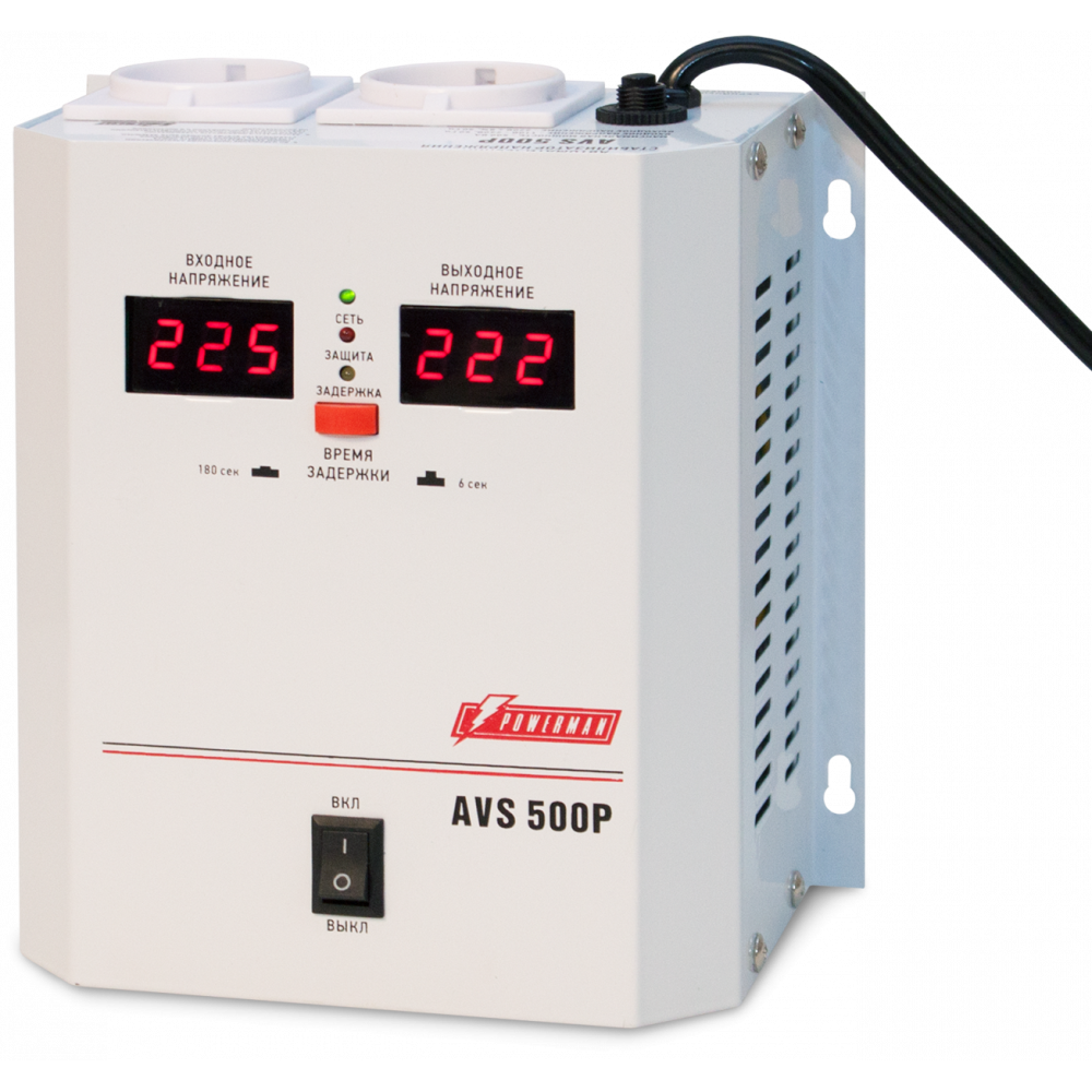 Стабилизатор POWERMAN AVS 500P, ступенчатый регулятор, цифровые индикаторы уровней напряжения, 500ВА, 110-260В, максимальный входной ток 5А, 2 евророзетки, IP-20, навесной, 185мм х 170мм х 100мм, 2,5 кг. POWERMAN AVS 500P