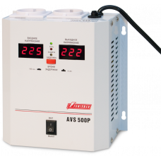 Стабилизатор POWERMAN AVS 500P, ступенчатый регулятор, цифровые индикаторы уровней напряжения, 500ВА, 110-260В, максимальный входной ток 5А, 2 евророзетки, IP-20, навесной, 185мм х 170мм х 100мм, 2,5 кг. POWERMAN AVS 500P