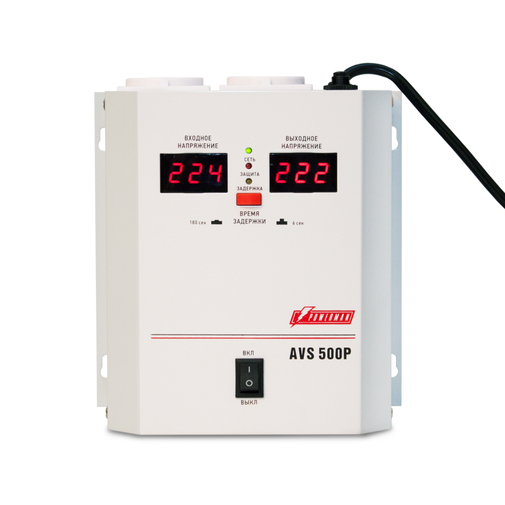 Стабилизатор POWERMAN AVS 500P, ступенчатый регулятор, цифровые индикаторы уровней напряжения, 500ВА, 110-260В, максимальный входной ток 5А, 2 евророзетки, IP-20, навесной, 185мм х 170мм х 100мм, 2,5 кг. POWERMAN AVS 500P