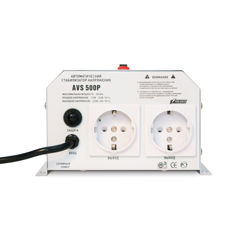 Стабилизатор POWERMAN AVS 500P, ступенчатый регулятор, цифровые индикаторы уровней напряжения, 500ВА, 110-260В, максимальный входной ток 5А, 2 евророзетки, IP-20, навесной, 185мм х 170мм х 100мм, 2,5 кг. POWERMAN AVS 500P