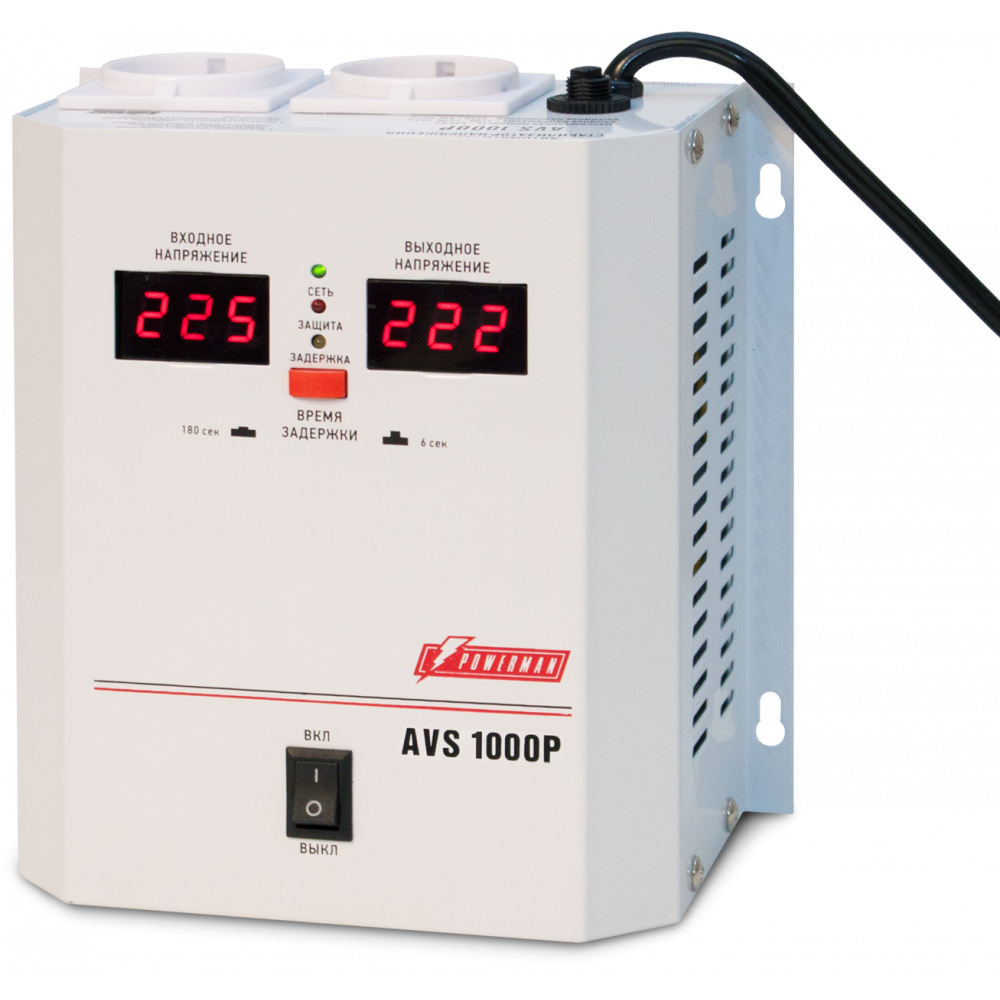 Стабилизатор POWERMAN AVS 1000P, ступенчатый регулятор, цифровые индикаторы уровней напряжения, 1000ВА, 110-260В, максимальный входной ток 7А, 2 евророзетки, IP-20, навесной, 185мм х 170мм х 100мм, 3.5 кг. POWERMAN AVS 1000P